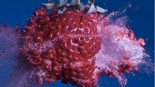 This is what it looks like when a bullet shatters a strawberry